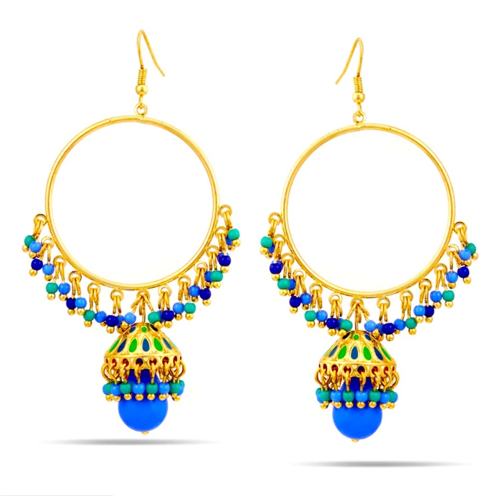 Gold Multicolor Beads Blue Teardrop Earrings